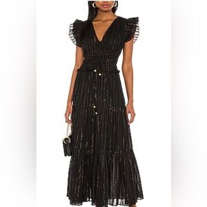 Karina Grimaldi Karla Metallic Flutter Sleeve Tiered Maxi Black & Gold Dress S